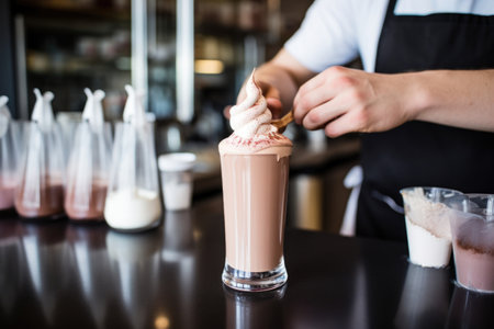 barista putting final touches to a gourmet milkshakeの素材