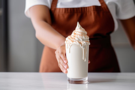 woman adding whip cream to a milkshakeの素材