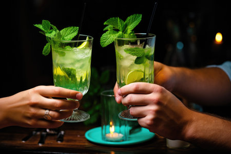 two people toasting with mojito cocktails at a dinnerの素材