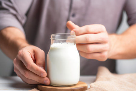 male writing on bottle of oat milkの素材