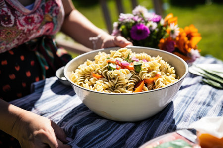 bowl of pasta salad being served at picnicの素材
