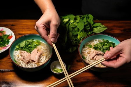 hands using chopsticks to pick up pho noodlesの素材