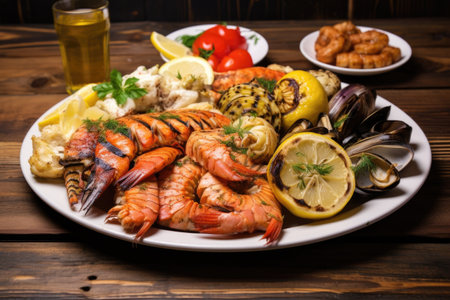 plate of assorted grilled seafood on a rustic wooden tableの素材