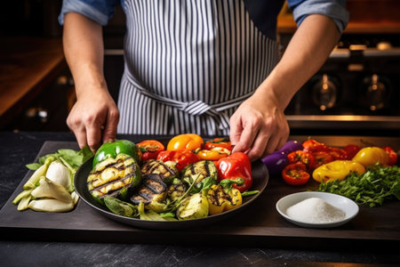 male cook setting down a platter of freshly grilled veggiesの素材