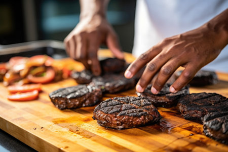 man placing charred burger patties on bunの素材