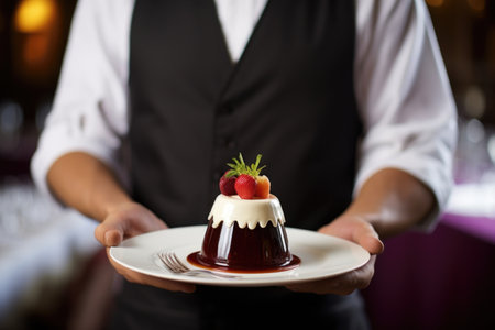 a waiter serving a gourmet pudding dishの素材