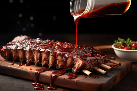 preparing delicious ribs, sauce dripping from brushの素材