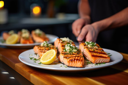 person serving grilled salmon steaks on a dinner plateの素材