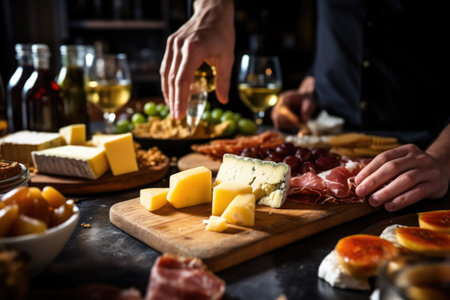 hand picking smoked cheese from a cheeseboard at a partyの素材
