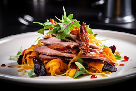 smoked duck salad served in a gourmet restaurantの素材