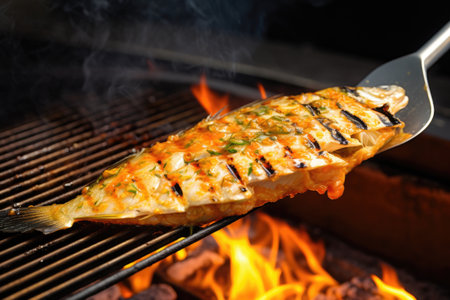 spatula and the sizzle as it flips grilled fishの素材