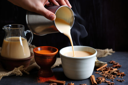 hands pouring milk into a pot of spiced chaiの素材