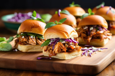 bbq pork sliders with garnish on wooden boardの素材