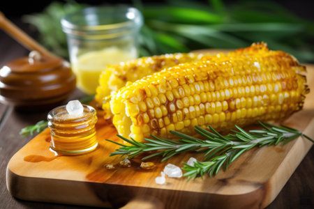 juicy butter glazed sweet corn on a wooden boardの素材