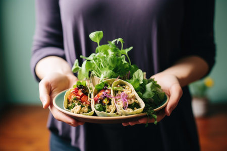 woman presenting a creative, homemade taco dishの素材