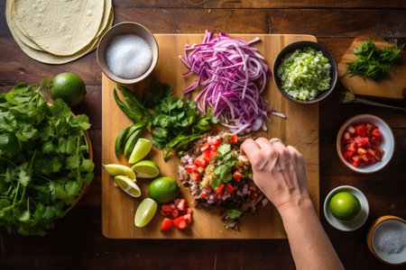 hands slicing ingredients for taco recipeの素材