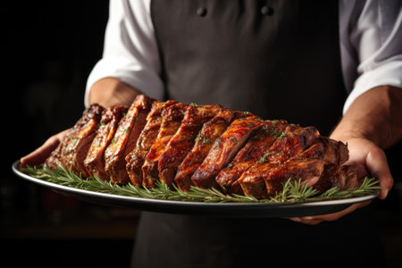 a chef holding a platter of cooked ribs, ready to serveの素材