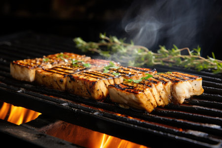 view of tofu steak grilling over gentle flameの素材