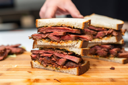 slices of brisket being layered onto a sandwichの素材