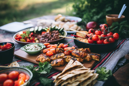 a picnic spread featuring freshly grilled skewersの素材