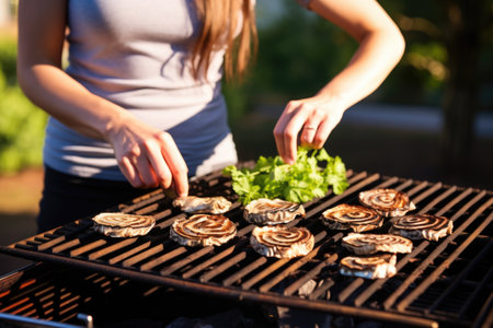 woman flipping portobello mushrooms on grilleの素材