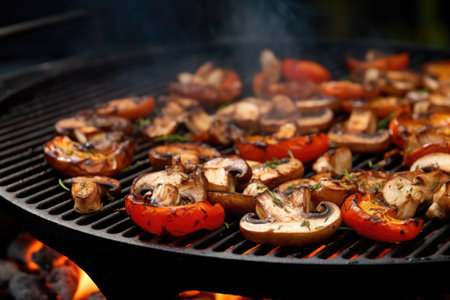 mushrooms sizzling on a hot grill panの素材