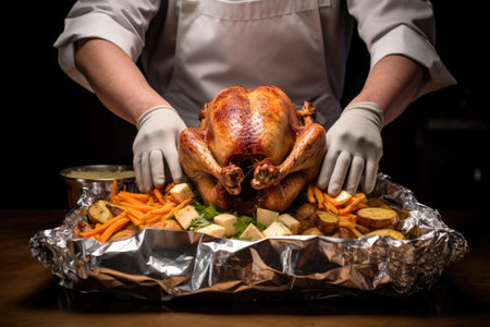 tin-foil covered turkey in hands of a chefの素材