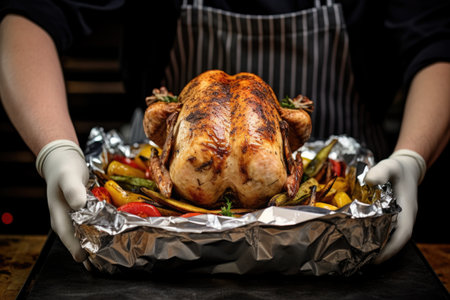 tin-foil covered turkey in hands of a chefの素材