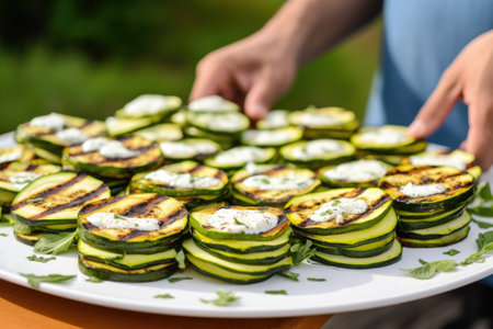 plating grilled zucchini slices for a summer saladの素材