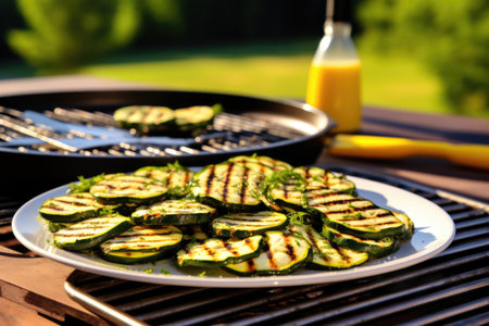 grilled zucchini slices on a ceramic plate with grill tongs nearbyの素材