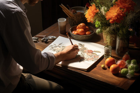 man sketching a still-life compositionの素材