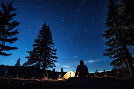 person camping alone under a starry skyの素材