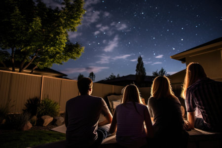family gazing at the stars from their backyardの素材