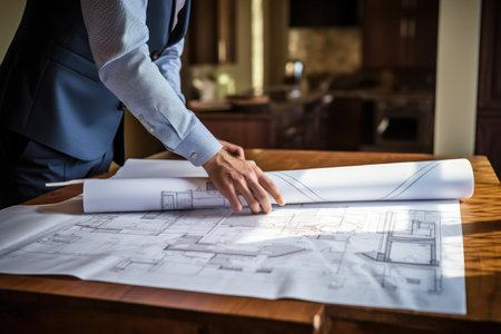 man with home blueprints on a tableの素材