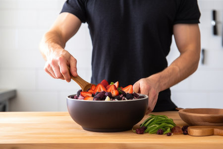 man stirring an acai bowl with a large spoonの素材