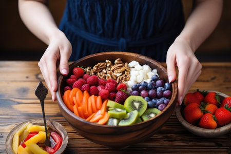 woman topping her acai bowl with fresh fruitの素材
