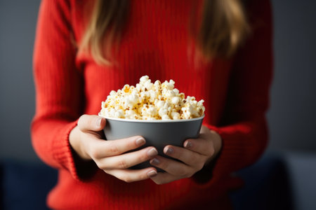 woman offering popcorn to viewerの素材