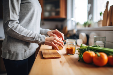 person with almond butter and toast in kitchenの素材