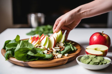 person placing salad leaves on apple and almond saladの素材