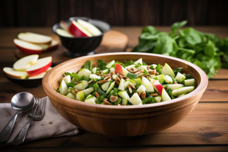 bowl of salad with apples and almonds on wooden tableの素材