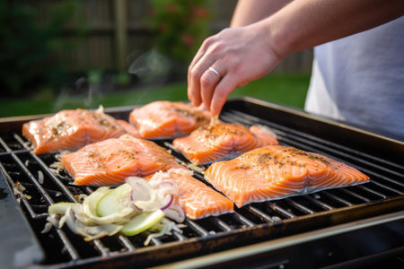 individual preparing apple cider bbq salmon on a grillの素材