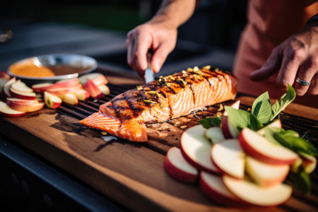 person garnishing bbq salmon with apple slicesの素材