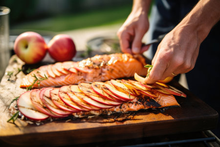 person garnishing bbq salmon with apple slicesの素材