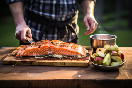 human subject serving apple cider bbq salmon on a wooden boardの素材