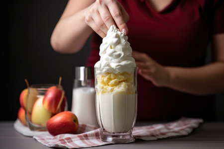woman adding whipped cream on apple pie shakeの素材