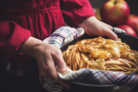 person gripping a whole apple pie with oven glovesの素材
