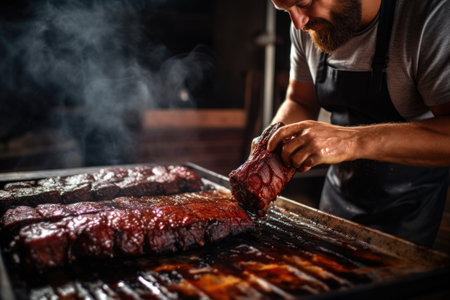 man carefully applying glaze to his applewood smoked ribsの素材