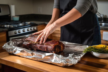 woman wrapping applewood smoked ribs in foil for storageの素材