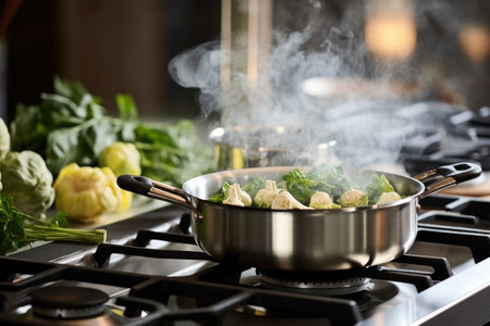 woman steaming artichokes on stovetopの素材
