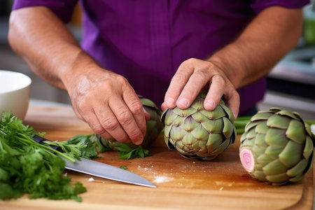 man using kitchen shears to trim artichokesの素材